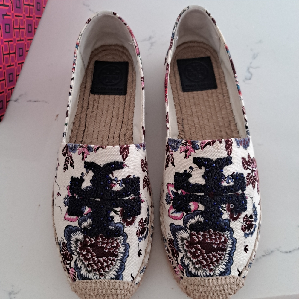 Tory Burch Cream and Navy Embroidered Espadrilles